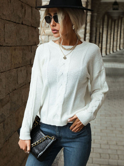 Sweaters- Solid Knitted Cable Drop Shoulder Sweater- - IndioGear Fashion and Gear