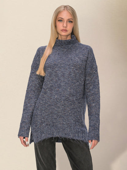 Sweaters- Spackled Wool Blend High Collar Knit Sweater for Winter- - IndioGear Clothing and Gear