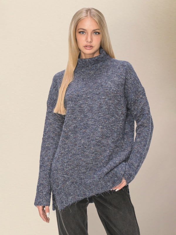 Sweaters- Spackled Wool Blend High Collar Knit Sweater for Winter- Grey- IndioGear Clothing and Gear