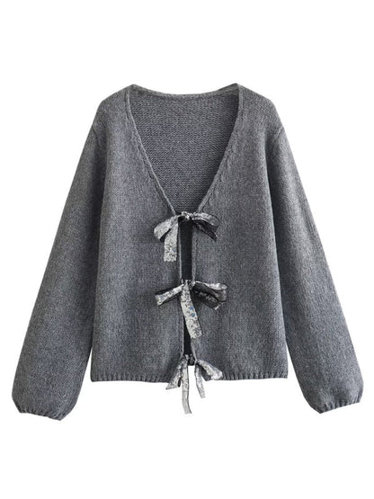 Sweaters- Sparkle Bow Cardigan | Oversized Knit Sweater- - IndioGear Fashion and Gear