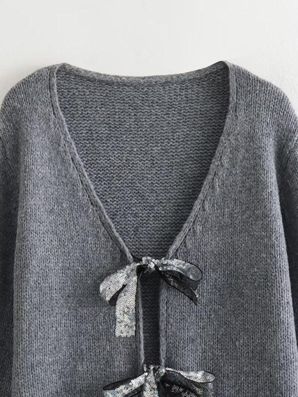 Sweaters- Sparkle Bow Cardigan | Oversized Knit Sweater- - IndioGear Fashion and Gear