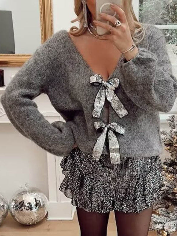 Sweaters- Sparkle Bow Cardigan | Oversized Knit Sweater- Grey- IndioGear Fashion and Gear