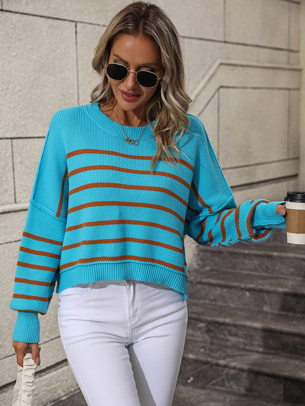 Sweaters- Stripe Crop Sweater - Women's Knitwear Round Ribbed Top- Turquoise blue- Pekosa Women Clothing