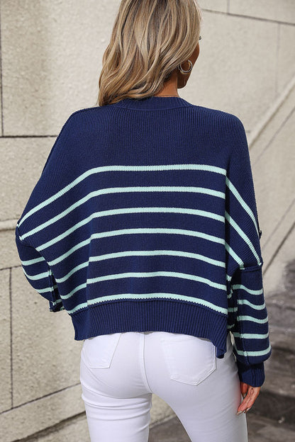 Sweaters- Stripe Crop Sweater - Women's Knitwear Round Ribbed Top- - Pekosa Women Clothing