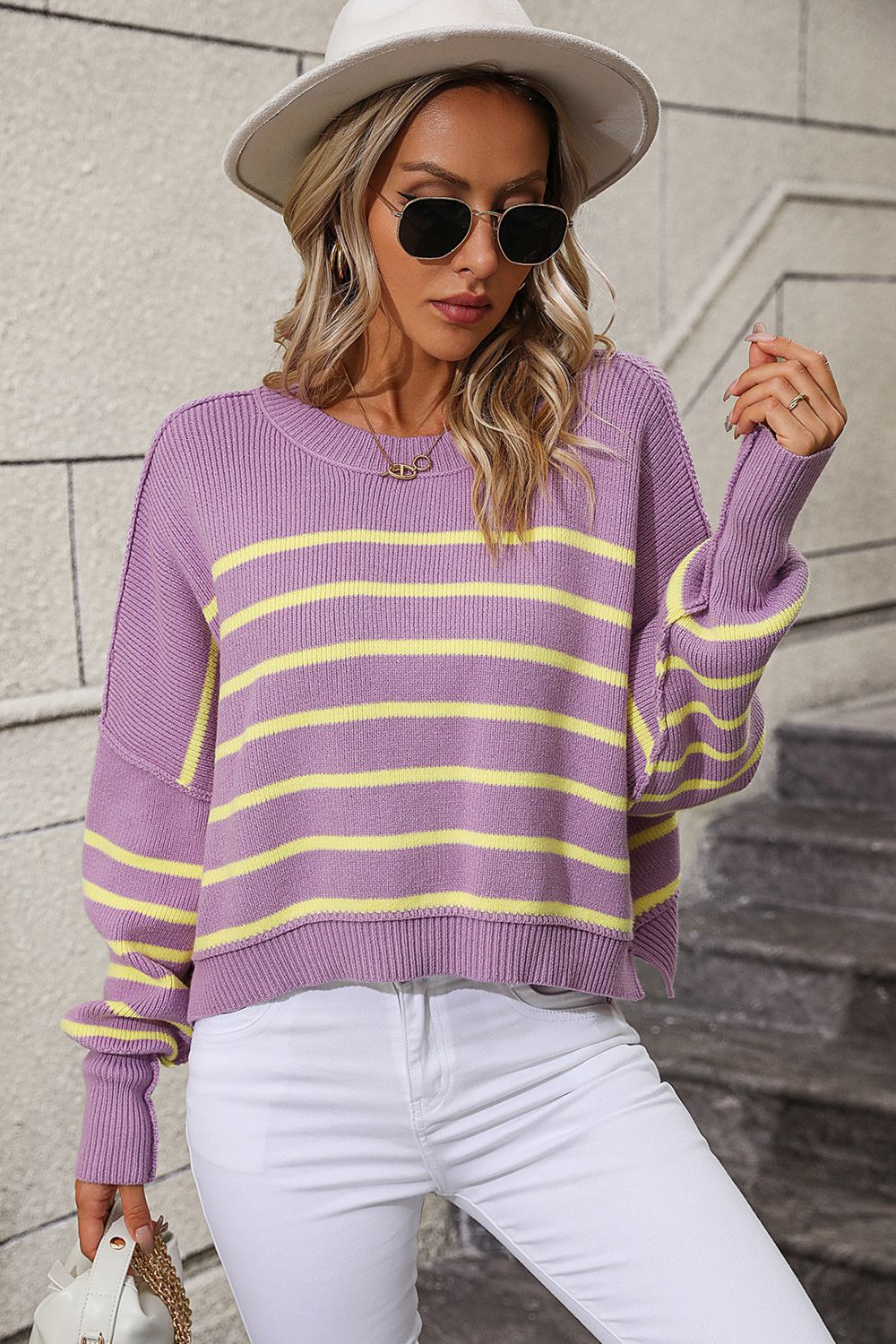 Sweaters- Stripe Crop Sweater - Women's Knitwear Round Ribbed Top- - Pekosa Women Clothing