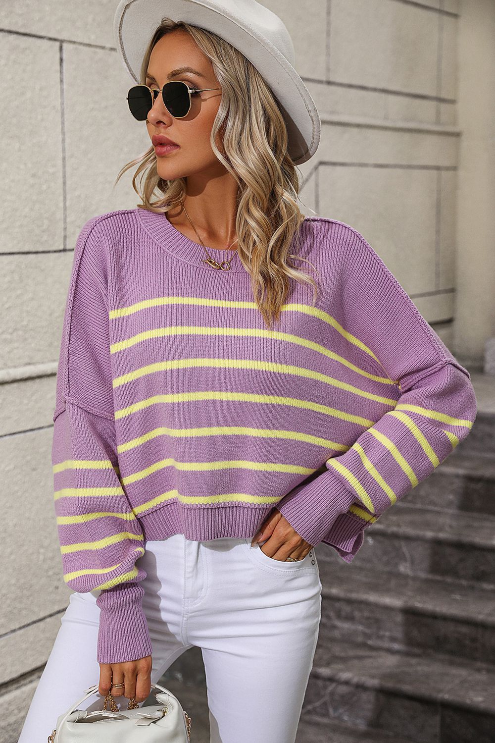 Sweaters- Stripe Crop Sweater - Women's Knitwear Round Ribbed Top- - Pekosa Women Clothing