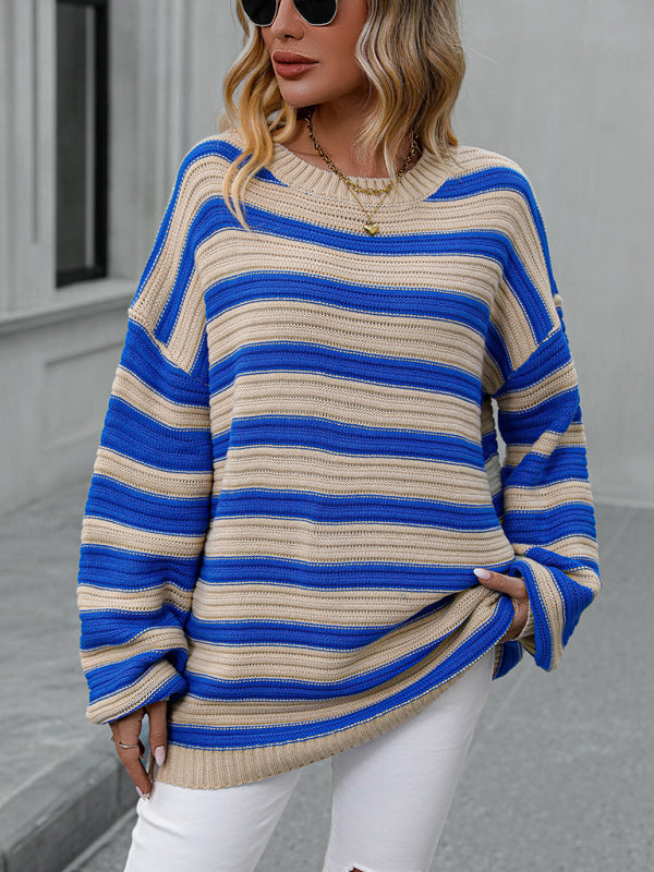 Stripe Knit Lantern Sleeve Oversized Sweater Jumper | Sweaters | Pekosa Women Clothing