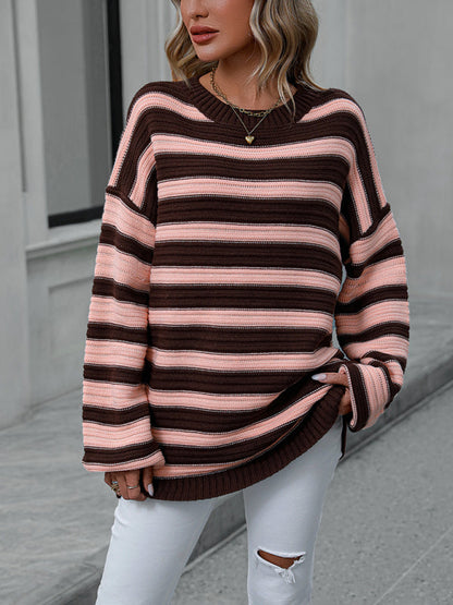 Stripe Knit Lantern Sleeve Oversized Sweater Jumper | Sweaters | Pekosa Women Clothing