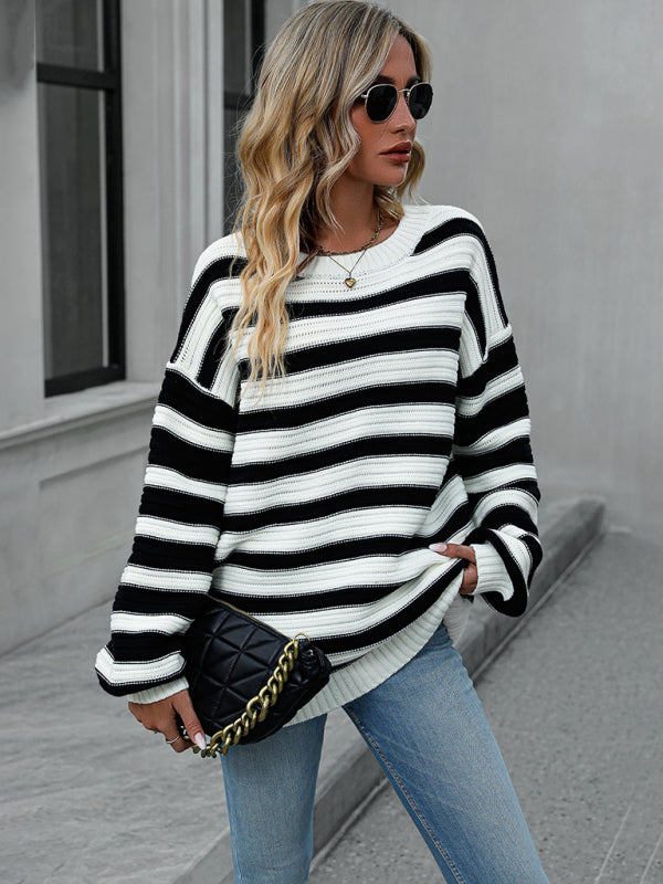 Stripe Knit Lantern Sleeve Oversized Sweater Jumper | Sweaters | Pekosa Women Clothing