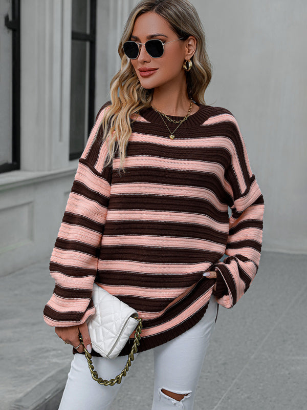 Stripe Knit Lantern Sleeve Oversized Sweater Jumper | Sweaters | Pekosa Women Clothing