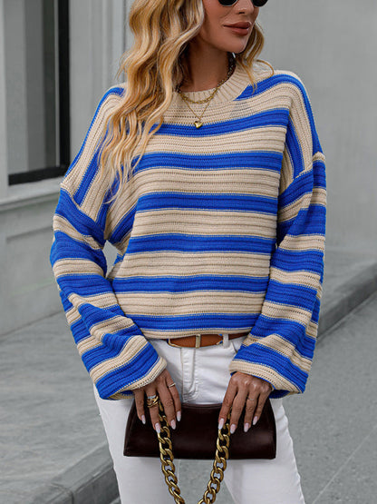 Stripe Knit Lantern Sleeve Oversized Sweater Jumper | Sweaters | Pekosa Women Clothing