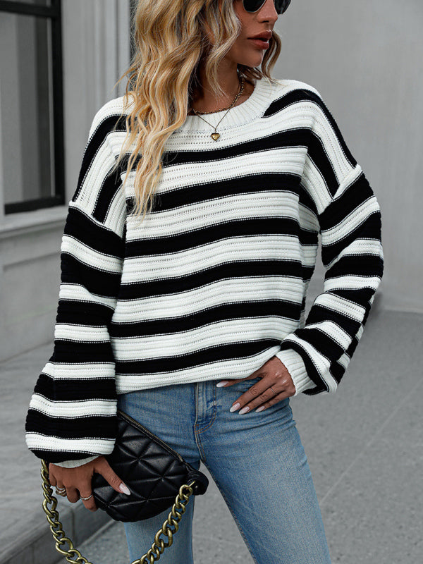 Stripe Knit Lantern Sleeve Oversized Sweater Jumper | Sweaters | Pekosa Women Clothing