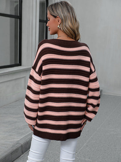 Stripe Knit Lantern Sleeve Oversized Sweater Jumper | Sweaters | Pekosa Women Clothing