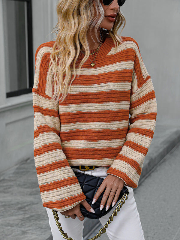 Stripe Knit Lantern Sleeve Oversized Sweater Jumper | Sweaters | Pekosa Women Clothing