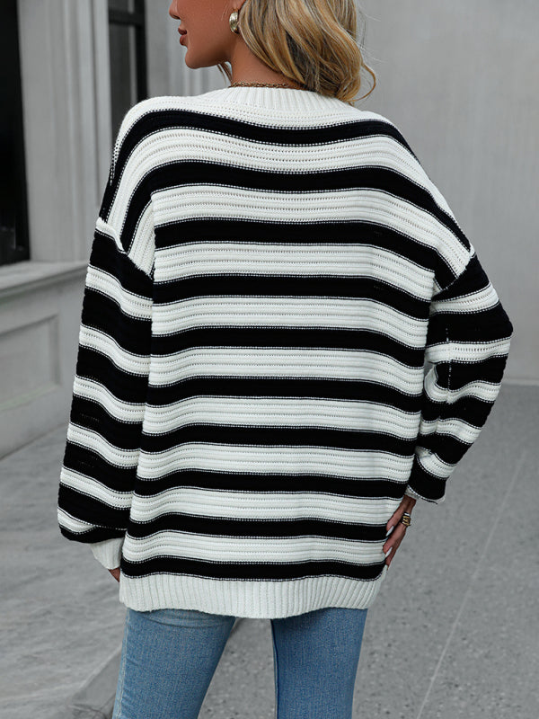 Stripe Knit Lantern Sleeve Oversized Sweater Jumper | Sweaters | Pekosa Women Clothing