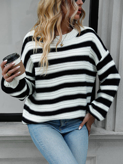 Stripe Knit Lantern Sleeve Oversized Sweater Jumper | Sweaters | Pekosa Women Clothing