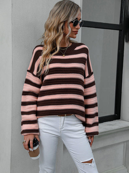 Stripe Knit Lantern Sleeve Oversized Sweater Jumper | Sweaters | Pekosa Women Clothing