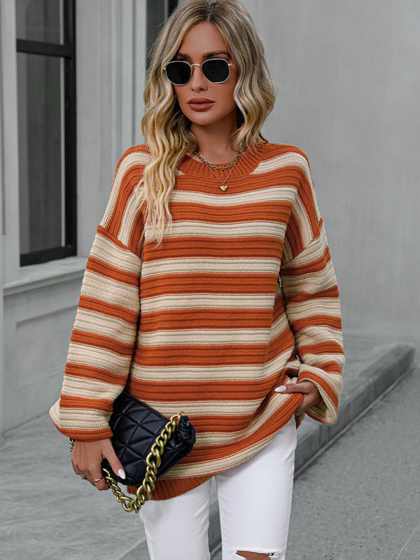 Stripe Knit Lantern Sleeve Oversized Sweater Jumper | Sweaters | Pekosa Women Clothing