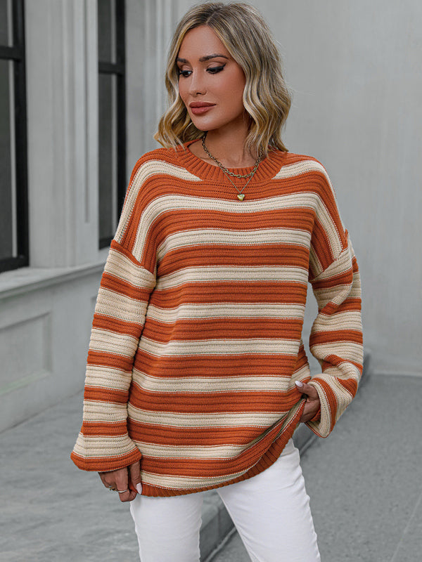 Stripe Knit Lantern Sleeve Oversized Sweater Jumper | Sweaters | Pekosa Women Clothing