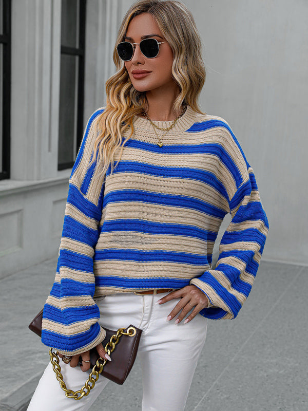 Stripe Knit Lantern Sleeve Oversized Sweater Jumper | Sweaters | Pekosa Women Clothing