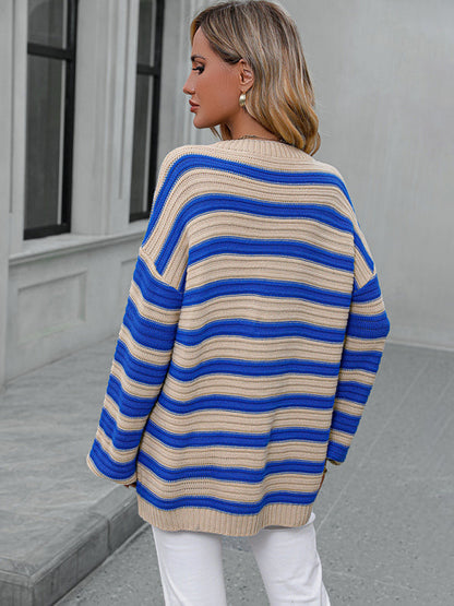 Stripe Knit Lantern Sleeve Oversized Sweater Jumper | Sweaters | Pekosa Women Clothing