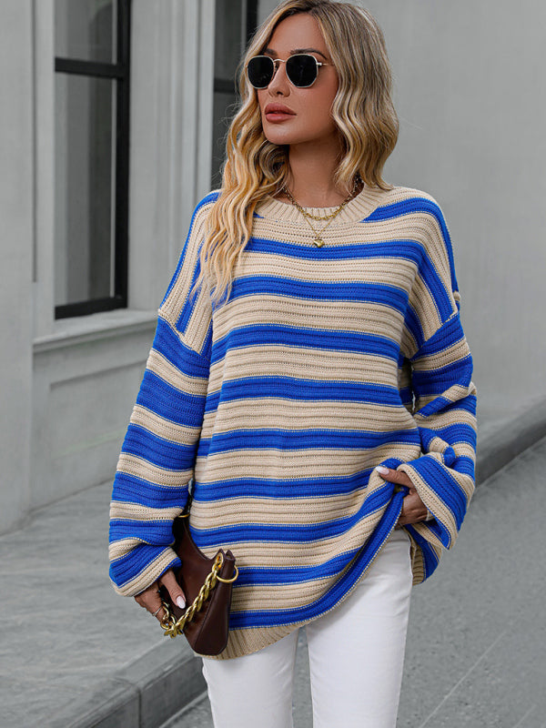 Stripe Knit Lantern Sleeve Oversized Sweater Jumper | Sweaters | Pekosa Women Clothing