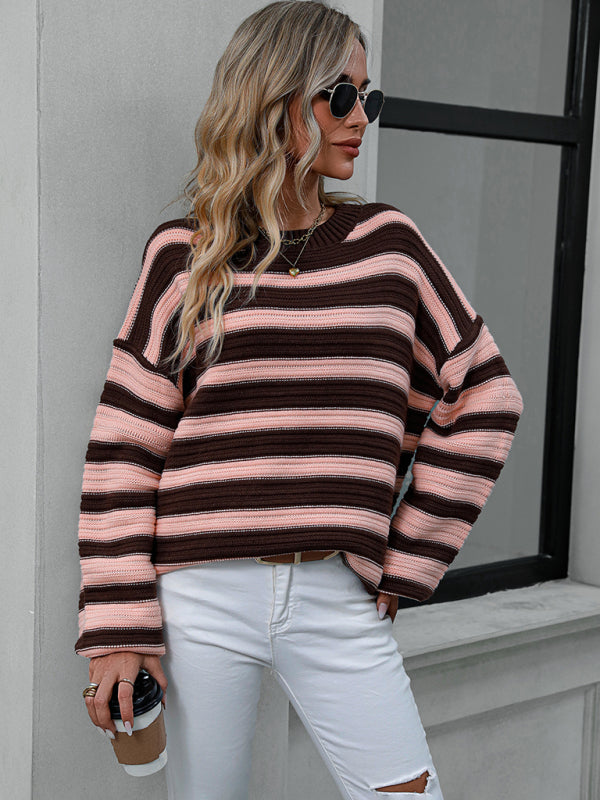 Stripe Knit Lantern Sleeve Oversized Sweater Jumper | Sweaters | Pekosa Women Clothing