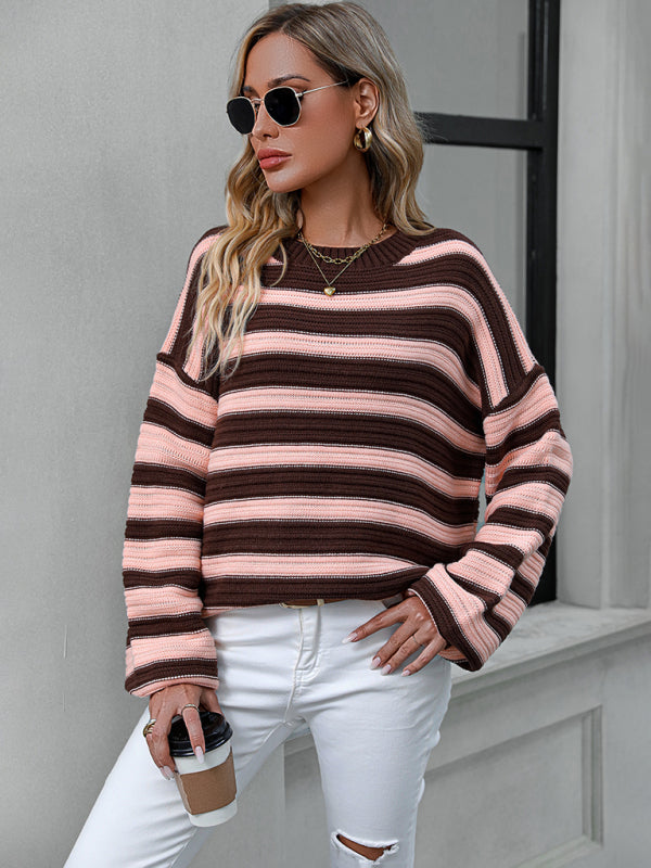 Stripe Knit Lantern Sleeve Oversized Sweater Jumper | Sweaters | Pekosa Women Clothing