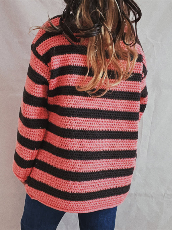 Sweaters-Stripe Knit Sweater | Winter Chunky Oversized Jumper-Pekosa Women Clothing