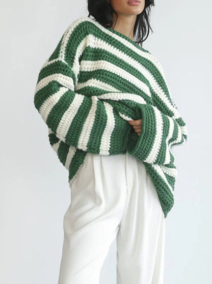 Sweaters-Stripe Knit Sweater | Winter Chunky Oversized Jumper-Pekosa Women Clothing