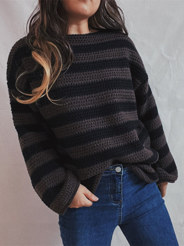 Sweaters-Stripe Knit Sweater | Winter Chunky Oversized Jumper-Pekosa Women Clothing