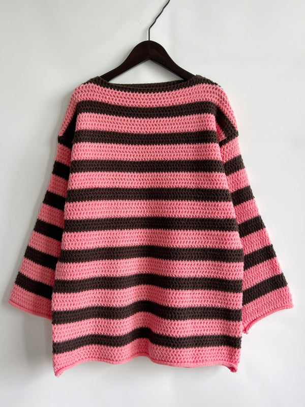 Sweaters-Stripe Knit Sweater | Winter Chunky Oversized Jumper-Pekosa Women Clothing