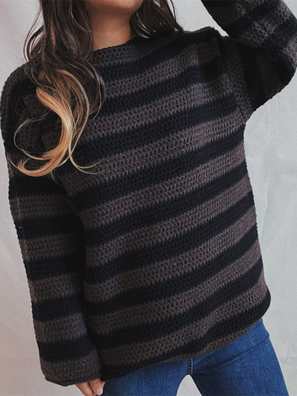 Sweaters-Stripe Knit Sweater | Winter Chunky Oversized Jumper-Pekosa Women Clothing