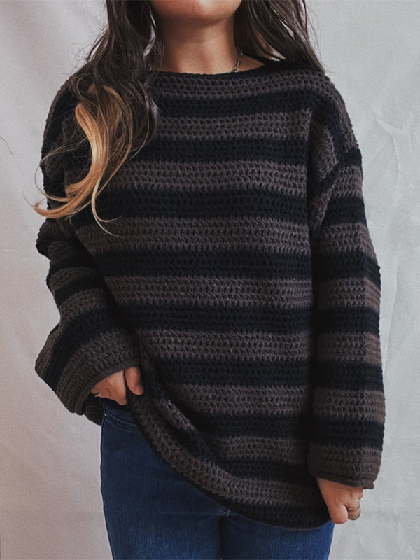 Sweaters-Stripe Knit Sweater | Winter Chunky Oversized Jumper-Pekosa Women Clothing