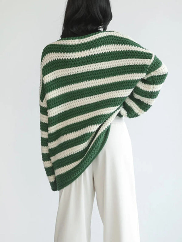 Sweaters-Stripe Knit Sweater | Winter Chunky Oversized Jumper-Pekosa Women Clothing