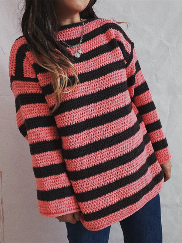 Sweaters-Stripe Knit Sweater | Winter Chunky Oversized Jumper-Pekosa Women Clothing