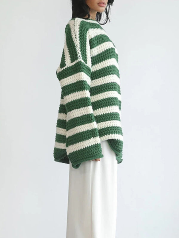 Sweaters-Stripe Knit Sweater | Winter Chunky Oversized Jumper-Pekosa Women Clothing