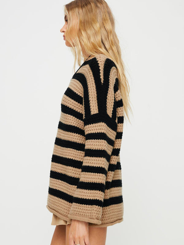 Sweaters-Stripe Knit Sweater | Winter Chunky Oversized Jumper-Pekosa Women Clothing