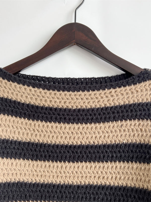 Sweaters-Stripe Knit Sweater | Winter Chunky Oversized Jumper-Pekosa Women Clothing