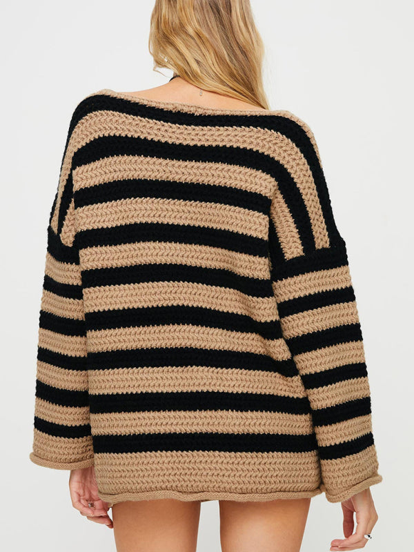 Sweaters-Stripe Knit Sweater | Winter Chunky Oversized Jumper-Pekosa Women Clothing