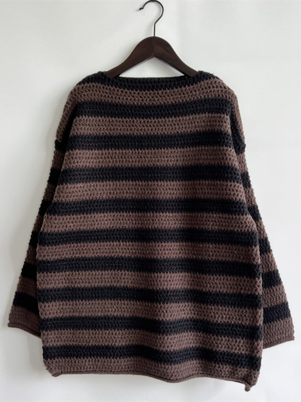 Sweaters-Stripe Knit Sweater | Winter Chunky Oversized Jumper-Pekosa Women Clothing