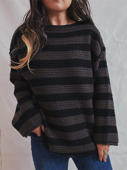 Sweaters-Stripe Knit Sweater | Winter Chunky Oversized Jumper-Pekosa Women Clothing