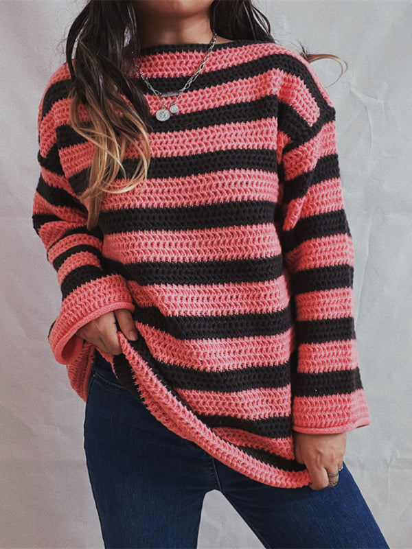 Sweaters-Stripe Knit Sweater | Winter Chunky Oversized Jumper-Pekosa Women Clothing