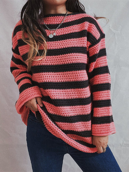 Sweaters-Stripe Knit Sweater | Winter Chunky Oversized Jumper-Pekosa Women Clothing