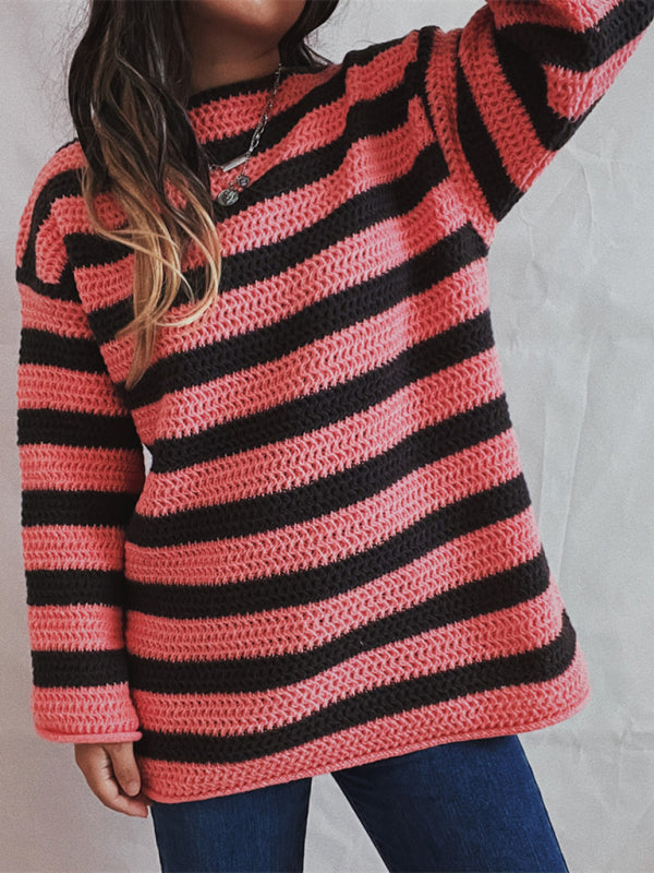 Sweaters-Stripe Knit Sweater | Winter Chunky Oversized Jumper-Pekosa Women Clothing