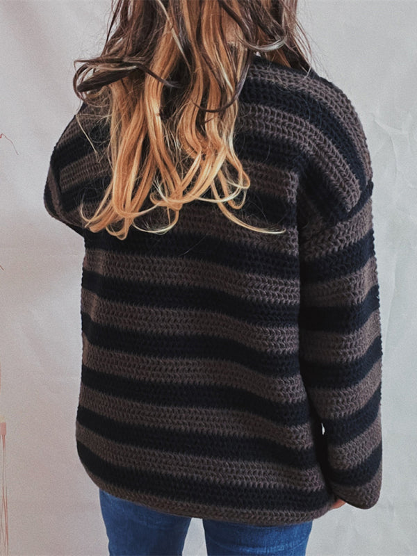 Sweaters-Stripe Knit Sweater | Winter Chunky Oversized Jumper-Pekosa Women Clothing