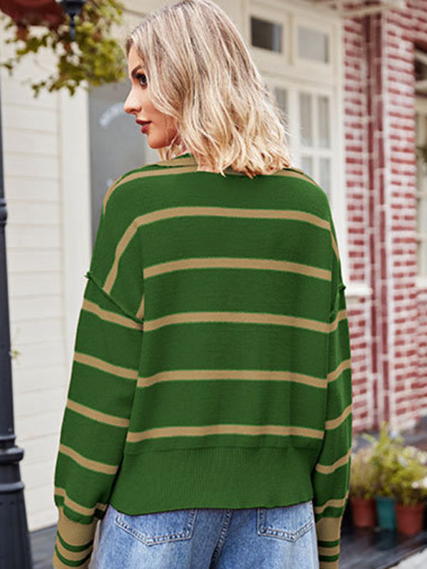 Stripe Knitted Patched Seams Turn-Down Collar Oversized Sweater | Sweaters | Pekosa Women Clothing