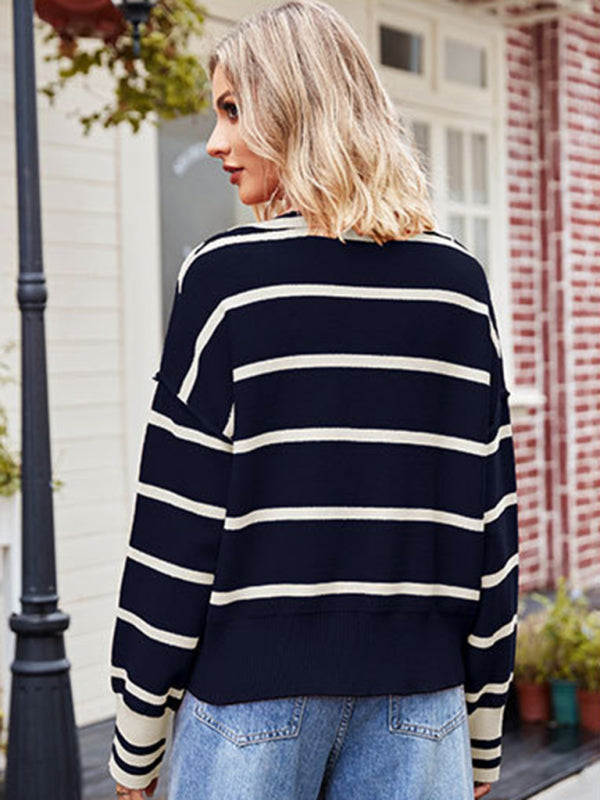 Stripe Knitted Patched Seams Turn-Down Collar Oversized Sweater | Sweaters | Pekosa Women Clothing