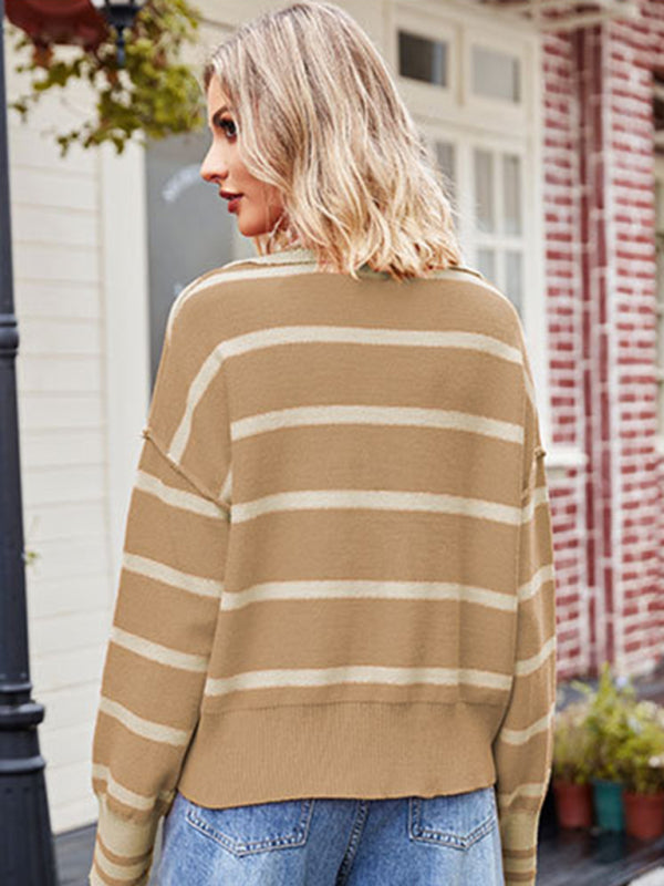 Stripe Knitted Patched Seams Turn-Down Collar Oversized Sweater | Sweaters | Pekosa Women Clothing