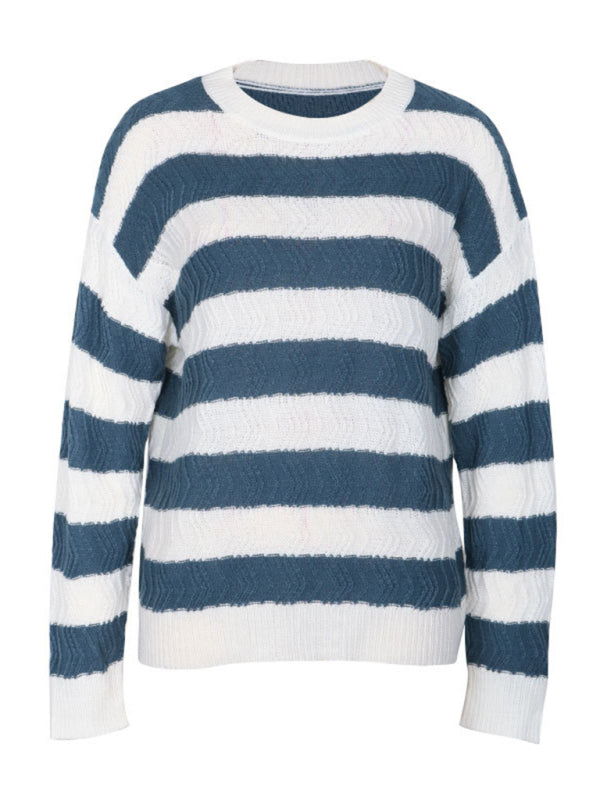 Sweaters-Striped Chevron Knit Sweater with Drop Shoulder-Pekosa Women Clothing